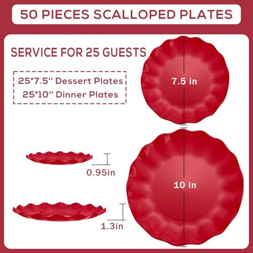LIYH Red Christmas Plastic Plates Reusable Unbreakable, Dishwasher 25Guests