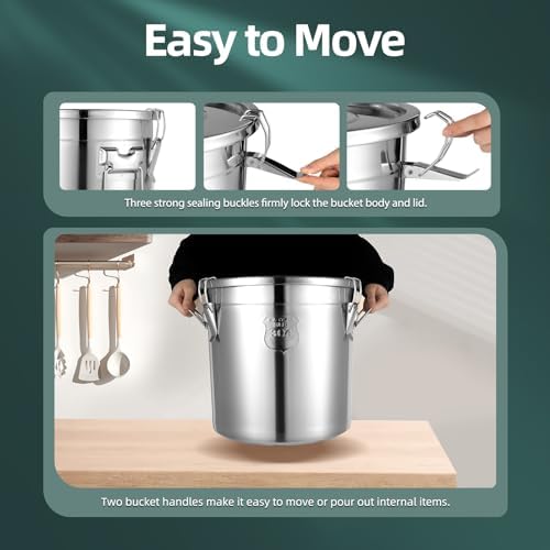 DYNAMI 5.5Gal 304 Stainless Steel Airtight Container with Lid and Locking Clamp,17-38Lbs Metal Bucket Stainless Steel Drum Large Canister for Kitchen,Dog Food/Bird Seed/Coffee Storage Container(21L)