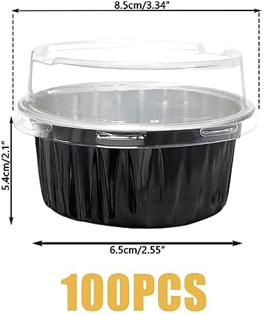 100Pcs Aluminum Cups with Lids,5oz Disposable Ramekin Baking Cups Muffin Liners Mini Pie Pans Foil Cupcake Containers for Christmas Party Wedding Party,Black