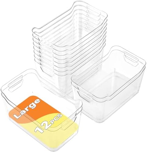 Clear Plastic Storage Bins - 12 Pack Pantry Organizers and Storage,Large Clear Pantry Organizer Bins, Plastic Containers with Handle for Kitchen, Cabinet, Bathroom, Classroom Organization