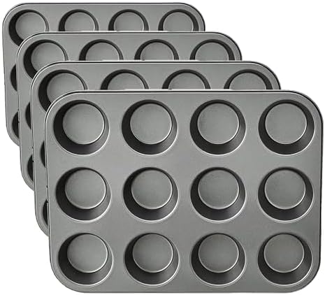 Amazon Basics Nonstick Muffin Pan,Set of 2,Sturdy,Oven Safe,Bakes Evenly,Easy to Clean,12 Cups,Gray,13.9x10.55x1.22,(Pack of 4)