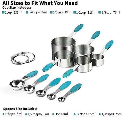 U-Taste Measuring Cups Spoons Set, 18/8 Stainless Steel, 10Pcs, Teal