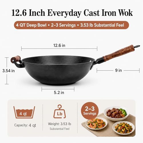 WANGYUANJI 12.6 Inch Cast Iron Wok with Wooden Lid, Handcrafted Flat Bottom Chinese Stir Fry Pan, Uncoated Heavy-Duty Iron Wok for Induction, Gas, Electric & Ceramic Stoves