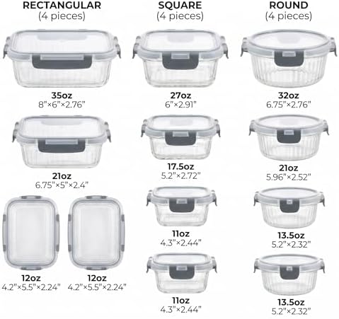 Glass Food Storage Containers with Lids, 12 Piece Glass Meal Prep Containers Set, Airtight Leakproof Snap Lock Lids, BPA-Free, Freezer Microwave Oven Dishwasher Safe, Ribbed Glass Containers