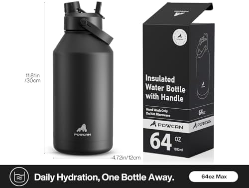 POWCAN 64 oz Insulated Water Bottle with 2-in-1 Straw and Spout Lid, Keep Cold 24H, Leak-Proof, BPA-Free, Double Wall Stainless Steel Water Bottle for Sports, Gym, Travel, and School (Dark Knight)