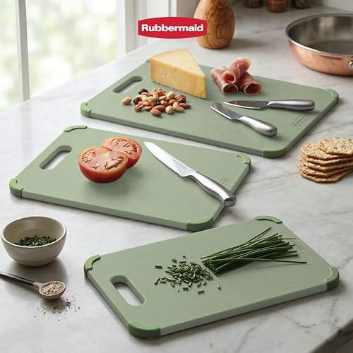 Rubbermaid 3pc Reversible Wheat Fiber Cutting Board Set | BPA Free Non Toxic Cutting Boards for Kitchen – Dishwasher Safe, Non-Slip Corners & Lightweight | For Meat, Veggies & Fruits