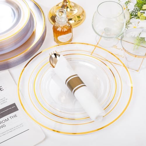 WELLIFE 350PCS Clear-Gold Plastic Plates - 100 Disposable Plates, 150Plastic Silverware, 50 Cups, 50 Napkins for Wedding & Party