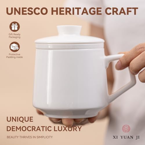 Ceramic Tea Mug with Infuser & Lid - 15.2oz Glowing Jade Porcelain Mug - Translucent Artisan Cup - Loose Leaf Tea Cup with Infuser,Insulated Ceramic Coffee Mugs with Lid, Gift for Women/Men