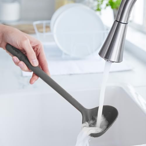 GreenPan Silicone Ladle, Soup Mixing Stirring Serving, Cooking Kitchen Utensil, Flexible Rubber Nonstick Cookware, Rigid Steel Core, Heat-Resistant, Anti-Slip Handle, BPA-Free, Dishwasher Safe, Gray