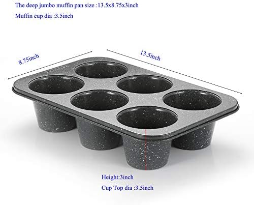 Monfish 2PCS Deep Jumbo Muffin Pan 6 Cup Carbon Steel Black Stone non Stick Coating Muffin Tin 3.5diax3 cup