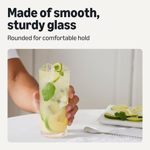 Amazon Basics Drinking Glasses, 15 oz., Sturdy Glass, Rounded for Comfortable Hold, Dishwasher-Safe, Round Shape, 4-Piece Set