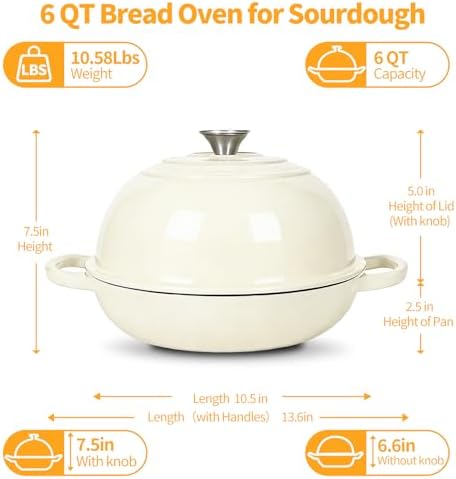 6QT Enameled Cast Iron Dutch Oven For Sourdough Bread Baking
