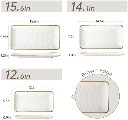 Ceramic Rectangle Serving Platter with Brown Rim: 15.6/14.1/12.6 Inch Large Serving Dishes for Entertaining Party, Sushi, Turkey, Cheese, Snack and Dessert, Microwave Dishwasher Safe
