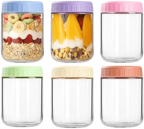 Overnight Oats Containers with Lids, 16oz Wide Mouth Mason Jars with Lids, 6 Pack Glass Jars with Airtight lid for Chia Pudding Yogurt Salad, Meal Prer Oatmeal Jars