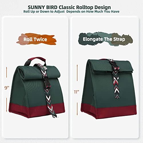 SUNNY BIRD Insulated Lunch Bag Rolltop Lunch Box (Green with Boho strap)