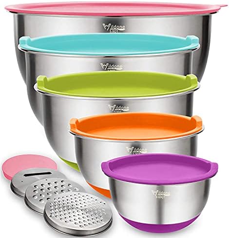 Wildone Mixing Bowls with Airtight Lids Set, 5PCS Stainless Steel Nesting Bowls for Kitchen, with Grater Attachments & Non-Slip Bottoms, Size 5, 3, 2, 1.5, 0.63 QT, for Baking & Serving (Colorful)