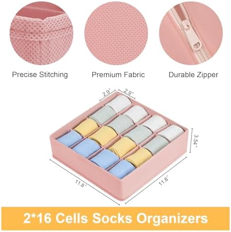 Joyoldelf Sock Drawer Organizer Divider, 16-Cell Underwear Organizers and Storage Fabric Drawer Organizer for Socks, Lingerie, Ties, 2 Packs Pink