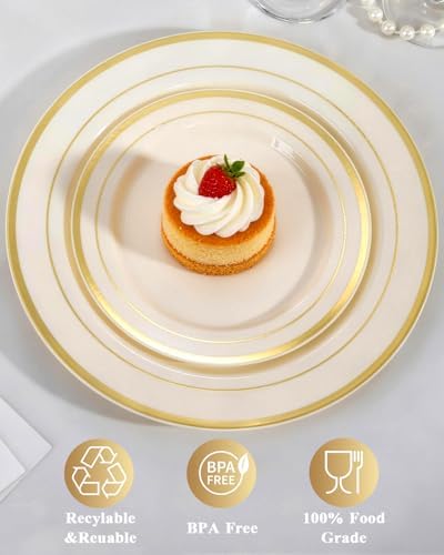 Goodluck 120 PCS Ivory and Gold Plastic Plates, Heavy Duty Disposable Ivory Plates with 60 10.25 inch Dinner Plates and 60 7.5 inch Dessert Plates for Party, Holiday, Wedding