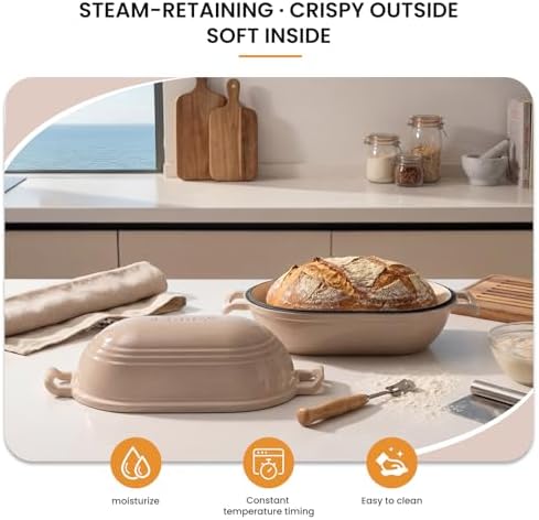 Enameled Cast Iron Dutch Oven for Sourdough Bread Baking,11 x 7 Inch Oval Cast Iron Bread Pan with Lid,Dutch Oven for Homemade Sourdough Baking,5 QT Meatloaf Pan,Oven Safe(Latte)