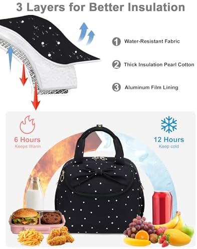 Bluboon Lunch Box for Women Cute Lunch Bag Reusable Insulated Lunch Bags Large Capacity Lunchbox Cooler for Work Picnic or Travel Gifts (Black White Dots, 10 x 7.5 x 8 inches)