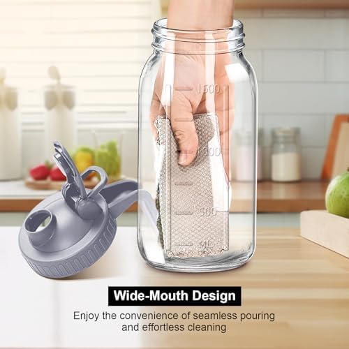 64oz Glass Pitcher with Lid, 2 Quart Mason Jar Pitchers with Lid and Spout, Wide Mouth Breast Milk Pitcher Glass Jug Sun Tea Pitchers, Cold Brew Coffee pitcher, Fridge Container for Water, Juice, Tea