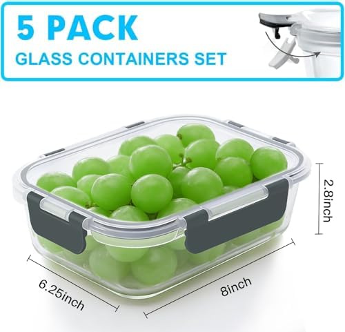 VERONES 5 PACK 36 OZ Glass Meal Prep Containers Set with Lids, Grey
