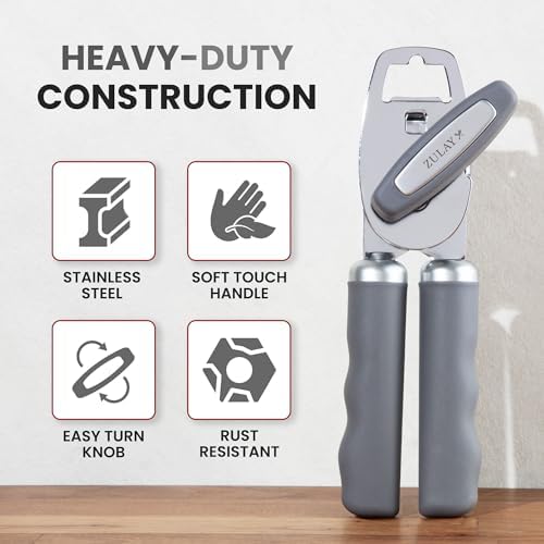 Zulay Kitchen Manual Can Opener Heavy Duty Patented Stainless Steel, Gray
