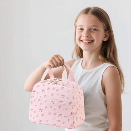 Bluboon Lunch Box for Women Cute Lunch Bag Reusable Insulated Lunch Bags Large Capacity Lunchbox Cooler for Work Picnic or Travel Gifts (Bow Floral Pink 212, 10 x 7.5 x 8 inches)