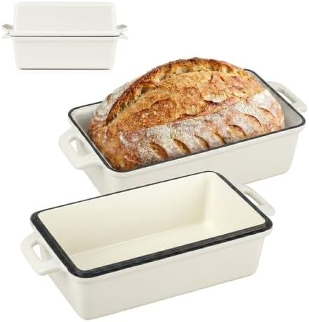 Northriver Casting 2 in 1 Enameled Cast Iron Bread Pan with Lid, Perfect Bread Oven, Loaf Pans for Baking Homemade Sourdough Bread 9x5, 2 Piece set, White