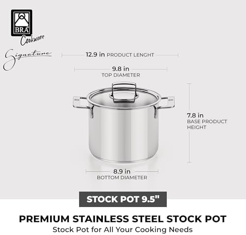 BRA COOKWARE Signature Stainless Steel Stock Pot w/Lid | 9.5 Inches 9 Qt