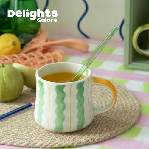Striped Ceramic Coffee Mug Set of 2 (16oz) - Handmade Look Tea Cups with Yellow/Green Handles, Microwave Safe, Durable Daily Drinkware