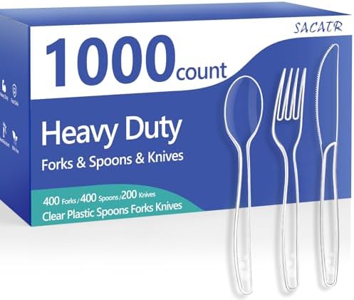 SACATR 1000 Count Clear Plastic Silverware Heavy Duty -Forks, Spoons,Knives