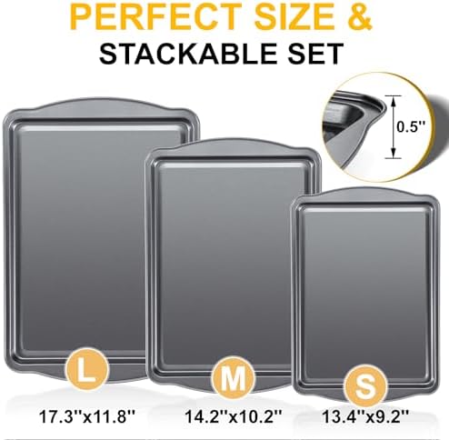 Baking Sheet Set of 3 - Carbon Steel Cookie Sheet for Baking, 17/15/13 Inch, Nonstick Baking Pan with Dual Handles, Stackable, Rust & Warp Resistant, Perfect for Baking, Roasting, and More