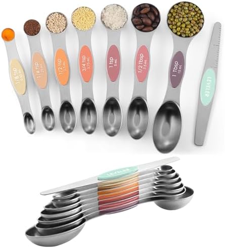 ChefAide Set of 8 Magnetic Measuring Spoons, Stainless Steel, Dual Sided