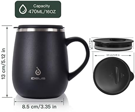 Ideus 16 oz Insulated Coffee Mug with Handle and Lid (Storm Black)
