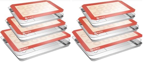 Stainless Steel Baking Sheet Tray Cooling Rack with Silicone Baking Mat Set, Cookie Pan with Cooling Rack, Set of 9 (3 Sheets + 3 Racks + 3 Mats), 10/12/16 Inch, Easy Clean (Pack of 2)