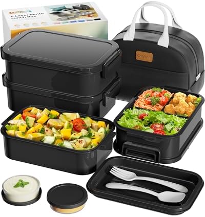 Adults Bento Box with Insulated Lunch Bag, 74oz Capacity 3 Stackable Leak-Proof Bento Box Built-In Utensil and Sauce, PFAS & BPA-Free, Microwave & Dishwasher Safe (Astral Black)