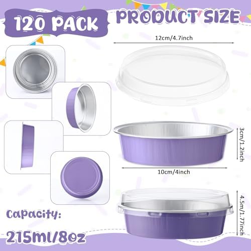 Yinder 8 oz Disposable Creme Brulee Ramekins with Lids, 4 Inch Mini Pie Tins Aluminum Foil Pie Tart Cake Baking Pans Individual Round Containers Oven Safe(Taro Purple,120 Pcs)