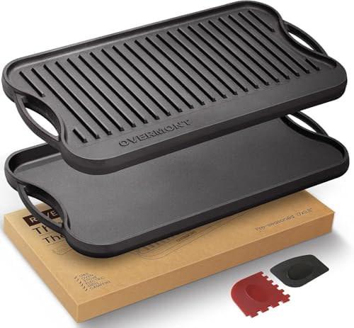 OVERMONT 17" x 9.8" Reversible Cast Iron Griddle, Double Burner Pan