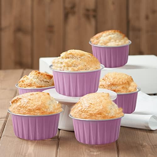 100Pcs Aluminum Cups with Lids,5oz Disposable Ramekin Baking Cups Muffin Liners Mini Pie Pans Foil Cupcake Containers for Christmas Party Wedding,Pink