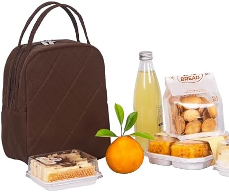 Machine Washable Women Quilted Fabric Insulated Reusable Cooler Lunch Bag Tote Adult Thermal Lunch Box Storage Bag for Ｗork (Brown)