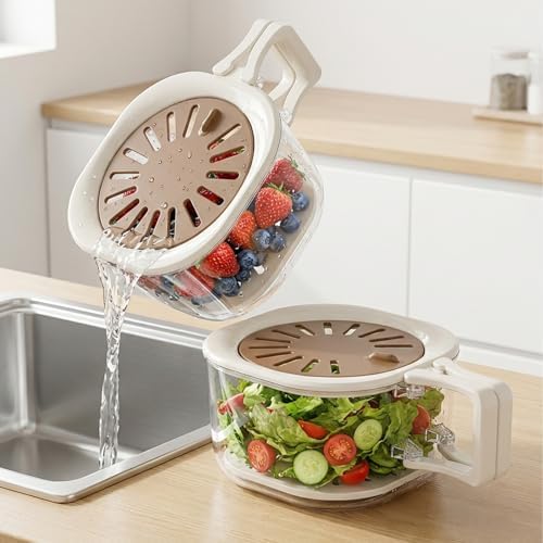 Fruit Vegetable Washing Bowl Strainer Container with Lid, Kitchen Fruit Berry Drainer Basket, Berry Keeper, Portable Fruit Colander Storage Container for Kitchen, Picnic, 2 Pack (Brown)