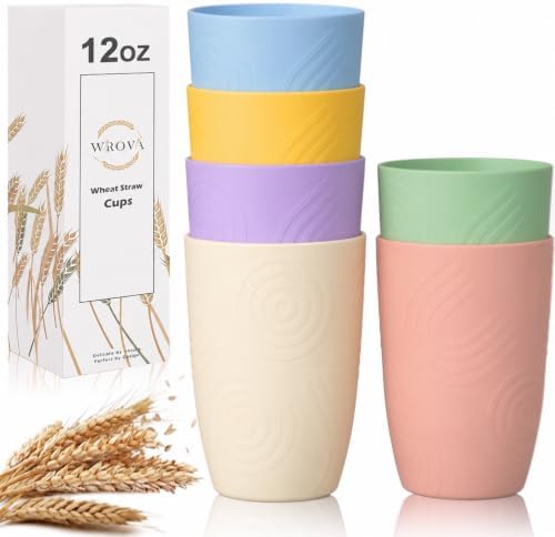 Wrova Wheat Straw Cups Set 6-Piece, 12 OZ Plastic Cups Reusable Drink Cups