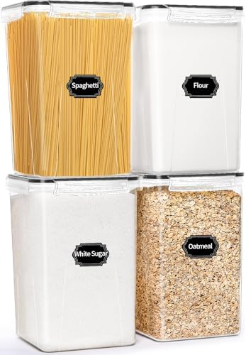 HKJ Chef 4 Pack Extra Large Airtight Food Storage Containers with Lids (6.5L / 220 oz), BPA Free Plastic Kitchen and Pantry Organization Contianers for Cereal Flour and Sugar Storage, Labels & Marker