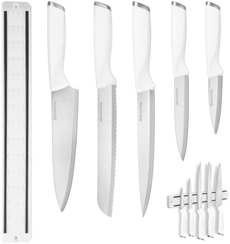 White Knife Set with Magnetic Strip for Wall,6-Piece