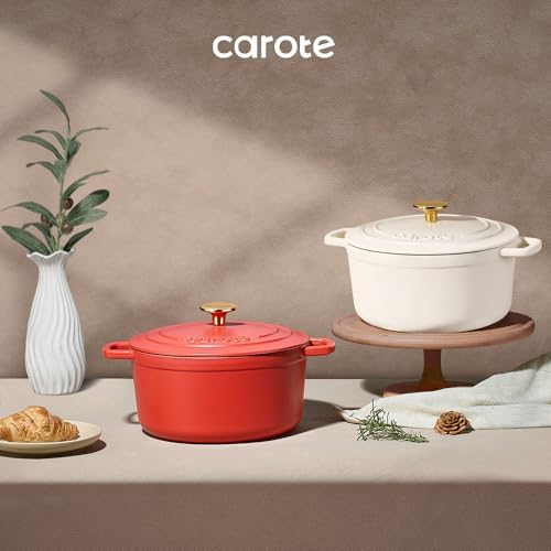 CAROTE Enameled Cast Iron Dutch Oven Pot with Lid, 4QT Red