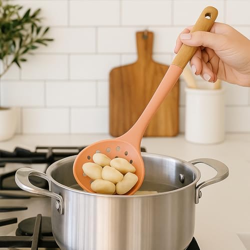 Beille 3pc Beech Wood and Silicone Kitchen Utensils Cooking Spoon Set Meal Prep Baking Supplies Home Essentials, Coral Peach