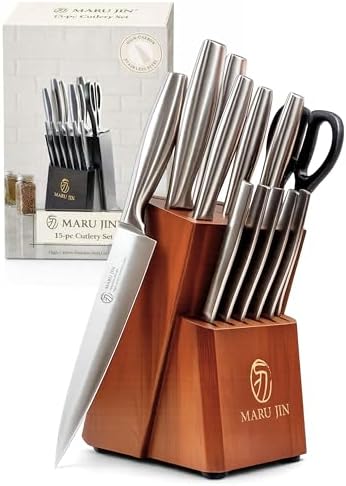 15-Piece Kitchen Knife Block Set, High-Carbon Stainless Steel Knives, Self-Sharpening Wooden Block, Premium Cutlery Set with Ergonomic Handle (Wooden, 15-pcs)