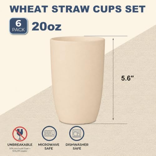 Wrova Wheat Straw Cups 6 PCS Good Alternative to Plastic Reusable Cups 20 oz Unbreakable Drinking Cup Reusable Dishwasher Safe Water Plastic Glasses Beige