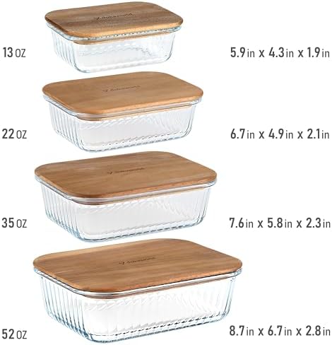 Ribbed Glass 4 Stackable Meal Prep Containers with Acacia Lids